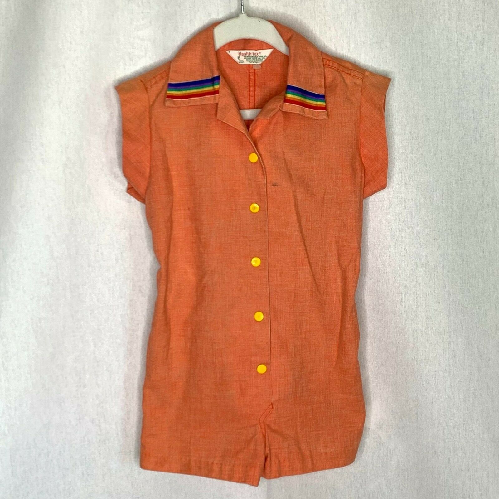 Vintage 70s Health-tex Orange Kids Girls Romper Size 6 Rainbow One Piece Shorts