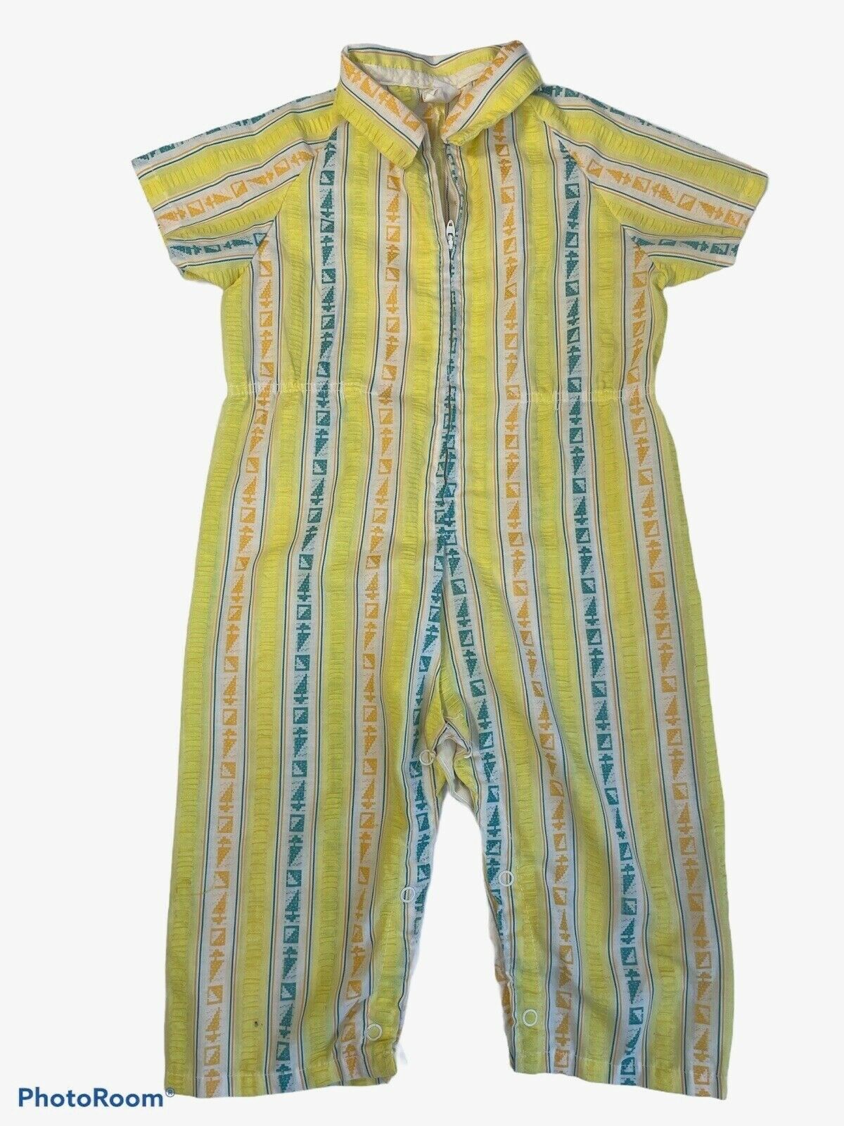 70's Vtg Toddle Time Jcpenny Baby Romper 2t Seersucker Yellow One Piece Boy Girl