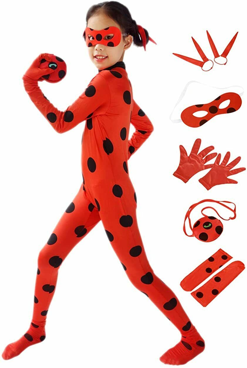 Dazcos Child Size Ladybug Cosplay Costume Spot Jumpsuit With Hairwear 3-12y