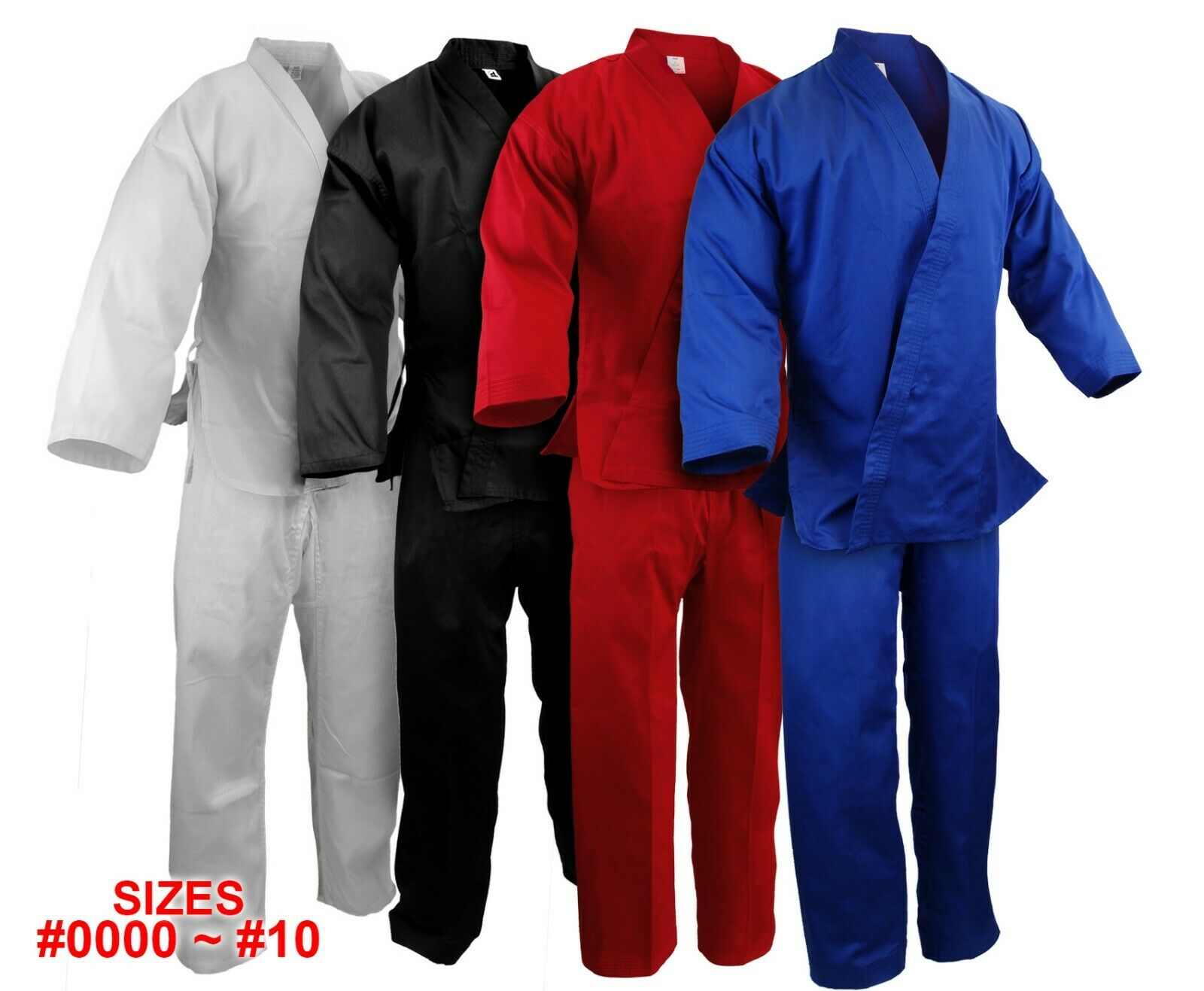 New Martial Arts Karate 7.5 Oz Gi Uniform W/white Belt Wh/bk/red/blue, #0000~#10