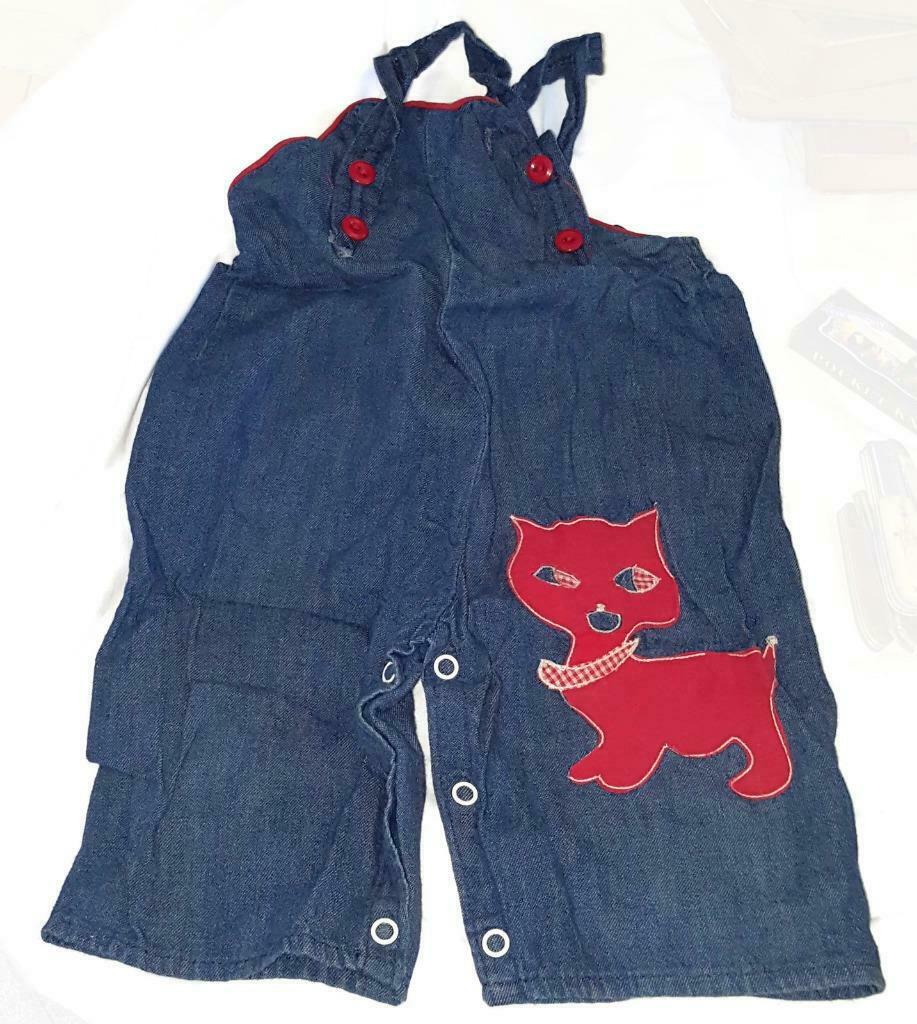 Vintage 1970's Blue Jean Denim Bib Overalls 0-3 Months W Applique Red Cat