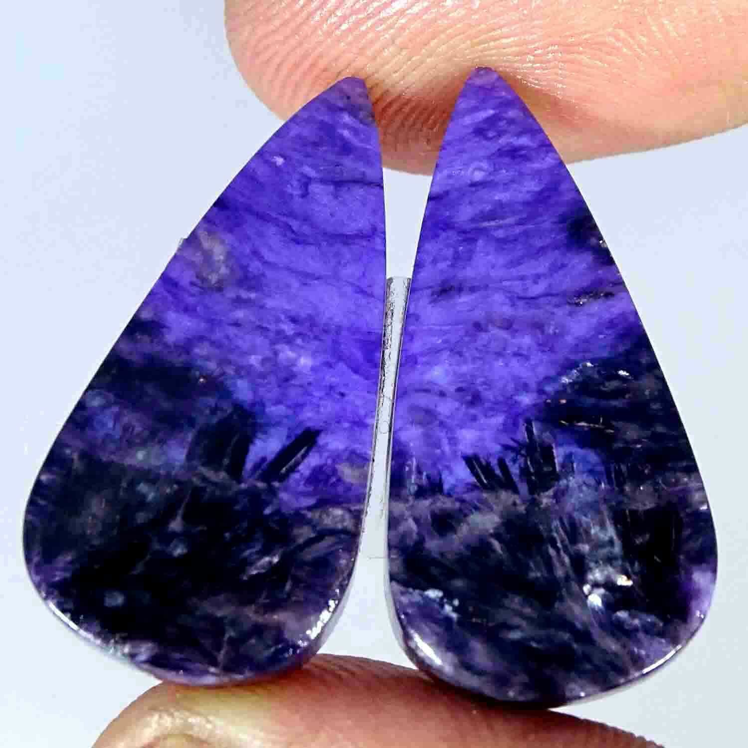 32.30cts 100% Natural Best Blue Purple Russian Charoite Pear Pair Cabochon