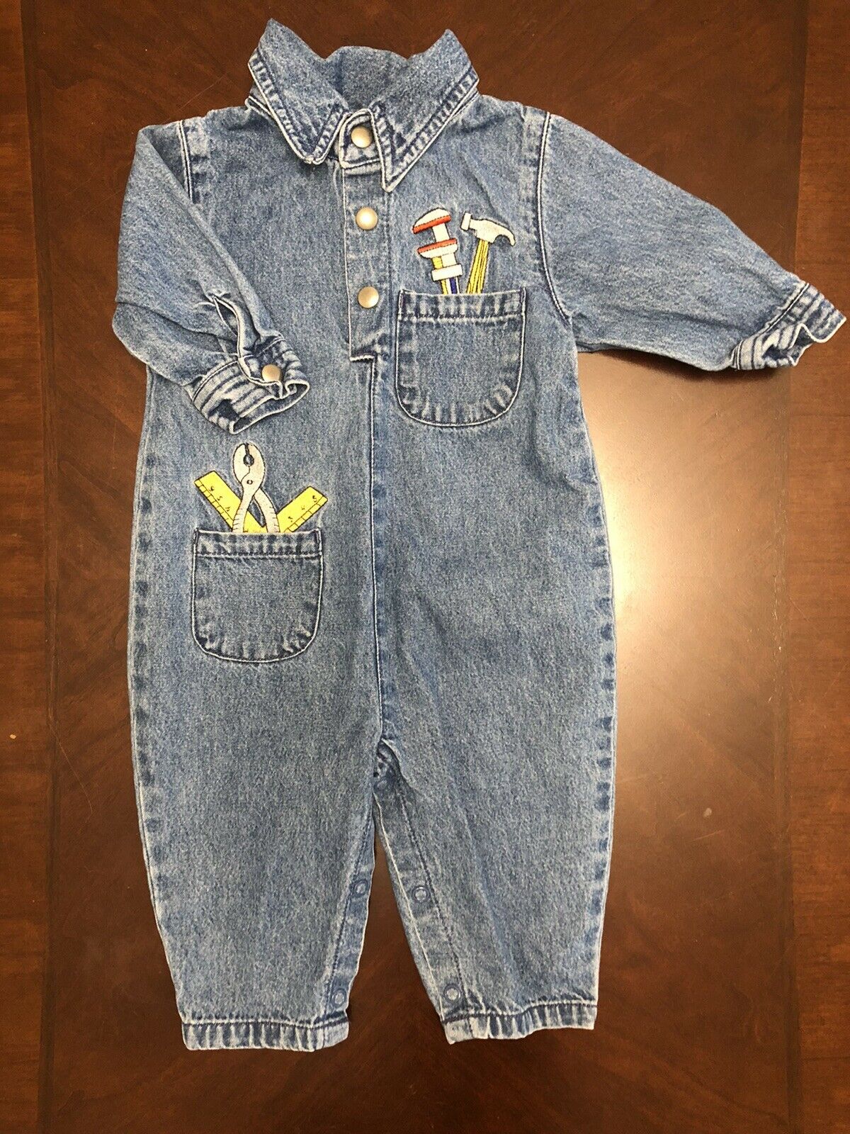 Vintage Baby Jean Jumpsuit, Sz 6 Mos, Tool Design, Snap Closure, Class Club